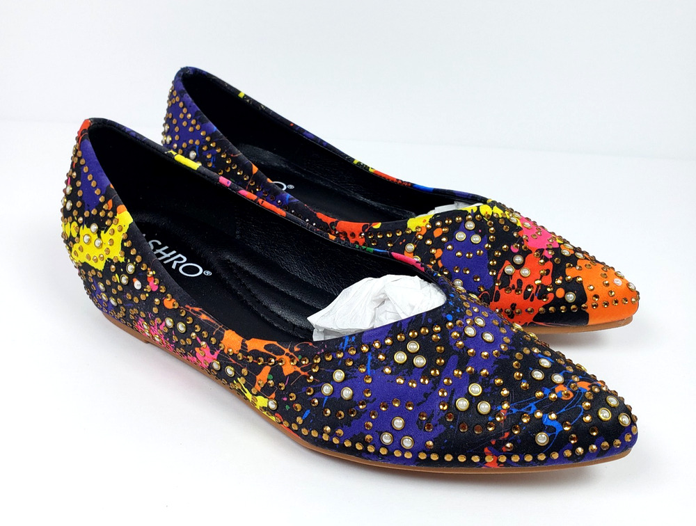 Ashro Womens Size EU 38 US 7-7.5 Black Multi Rhinestone Slip On Flats Shoes